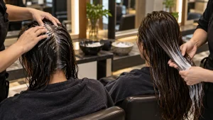 Perbandingan creambath dengan pijatan kulit kepala dan hair mask yang dioleskan pada batang rambut di salon