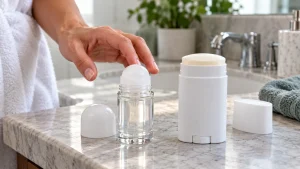 Perbandingan produk deodorant roll-on dan antiperspirant stick di meja kamar mandi