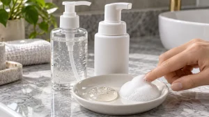 Perbandingan facial wash berbentuk gel dan facial foam berbusa dengan dua sampel tekstur pembersih wajah.